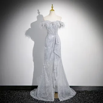 Bling Bling Gris Perlage Paillettes Robe De Bal 2024 Trompette Sirène De L Épaule Gland Sans Manches Dos Nu Promo Train De Balayage Robe De Ceremonie