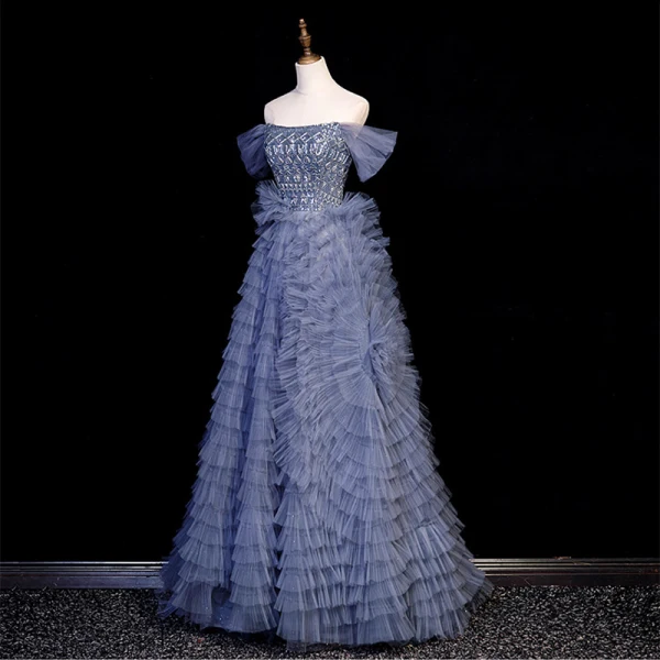 Sexy Ocean Blue Cascading Ruffles Beading Sequins Prom Dresses 2023 A-Line / Princess Off-The-Shoulder Short Sleeve Backless Floor-Length / Long Flower Girl Dresses