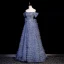 Sexy Ocean Blue Cascading Ruffles Beading Sequins Prom Dresses 2023 A-Line / Princess Off-The-Shoulder Short Sleeve Backless Floor-Length / Long Flower Girl Dresses