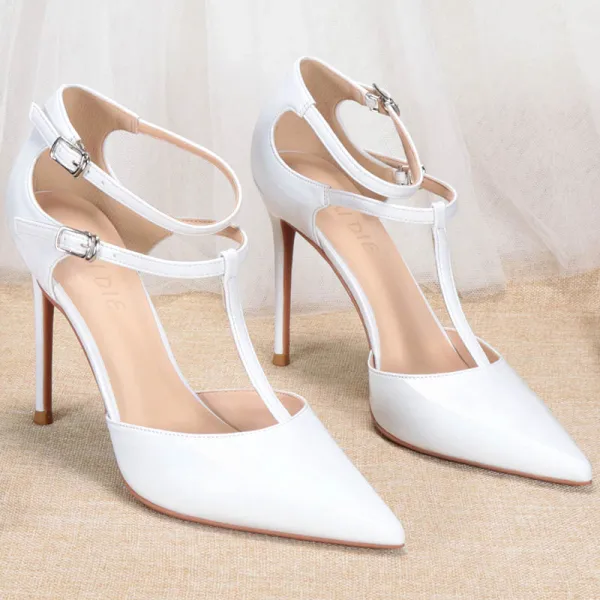 Chic / Beautiful Nude Street Wear Patent Leather Womens Sandals 2020 T-Strap 10 cm Stiletto Heels Pointed Toe Sandals