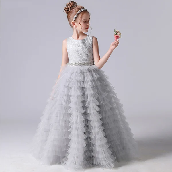 Chic / Beautiful Grey Cascading Ruffles Birthday Flower Girl Dresses 2022 A-Line / Princess Scoop Neck Sleeveless Bow Sash Floor-Length / Long Flower Girl Dresses
