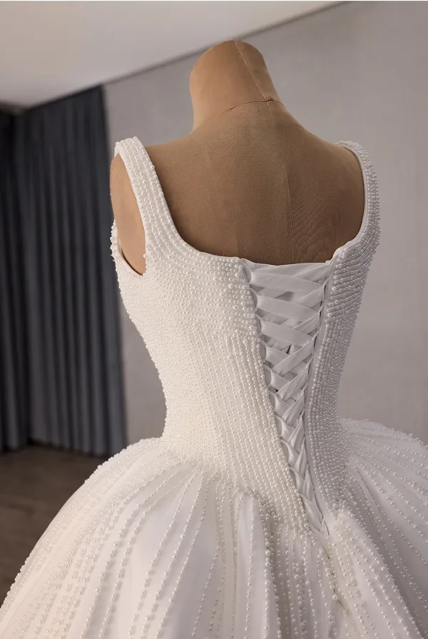 Vintage / Retro High-end White Handmade  Pearl Wedding Dresses 2026 Ball Gown U-Neck Sleeveless Backless Chapel Train