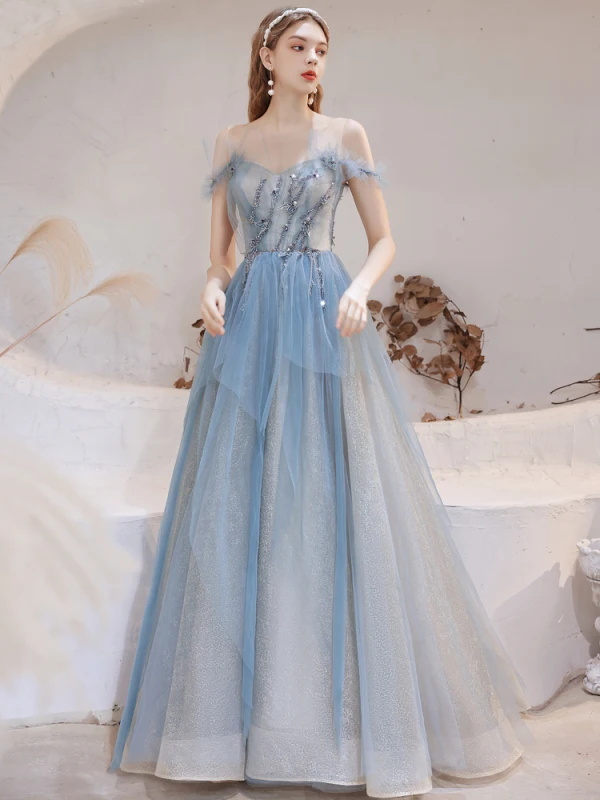 Stunning Sky Blue Prom Dresses 2021 A-Line / Princess Scoop Neck Sleeveless Glitter Ruffle Tulle Floor-Length / Long Evening Party Formal Dresses