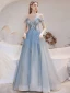 Stunning Sky Blue Prom Dresses 2021 A-Line / Princess Scoop Neck Sleeveless Glitter Ruffle Tulle Floor-Length / Long Evening Party Formal Dresses