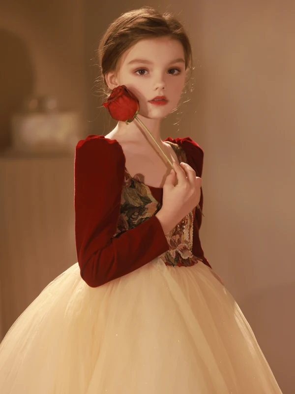 Chic / Beautiful Burgundy Printing Birthday Flower Girl Dresses 2024 Ball Gown Square Neckline Long Sleeve Backless Tea-length
