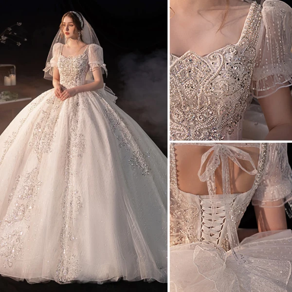 Atemberaubend Ivory / Creme Perlenstickerei Perle Strass Pailletten Spitze Blumen Brautkleider / Hochzeitskleider 2022 Ballkleid Eckiger Ausschnitt Kurze Ärmel Rückenfreies Schleife Kapelle-Schleppe Hochzeit
