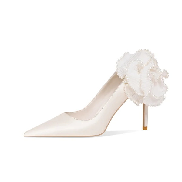 Élégant Ivoire Perle Fleur Satin Chaussure De Mariée 2022 Cuir 8 cm Talons Aiguilles À Bout Pointu Mariage Escarpins Talons Hauts