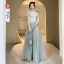 Simple Vert Cendré Robe Demoiselle D'honneur 2022 Princesse Encolure Carrée Manches Courtes Dos Nu Longue Demoiselle D'honneur Robe De Ceremonie