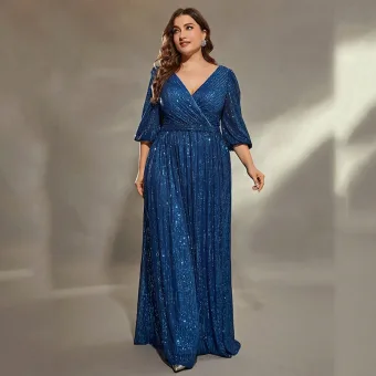 Scintillantes Bleu Marine Paillettes Grande Taille Robe De Soirée 2025 Princesse V Cou 3 4 Manches Longue Soirée Robe De Ceremonie
