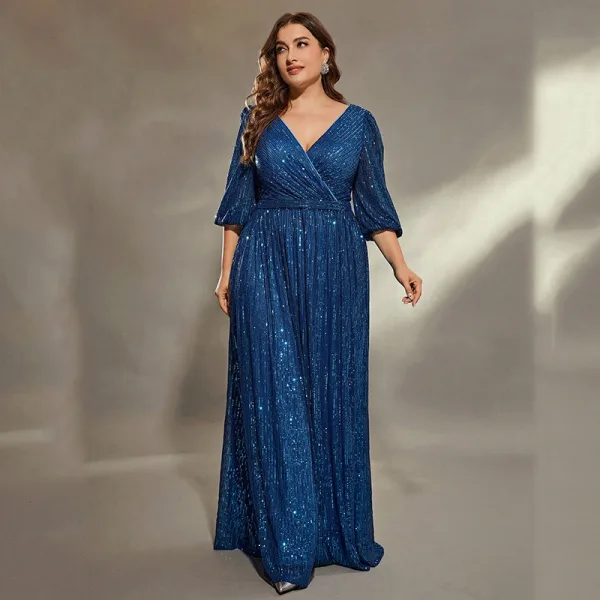 Sparkly Navy Blue Sequins Plus Size Evening Dresses 2025 A-Line / Princess  V-Neck 3/4 Sleeve Floor-Length / Long Evening Party Formal Dresses