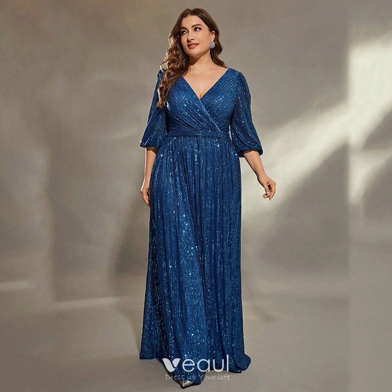 Sparkly Navy Blue Sequins Plus Size Evening Dresses 2025 A-Line / Princess  V-Neck 3/4 Sleeve Floor-Length / Long Evening Party Formal Dresses