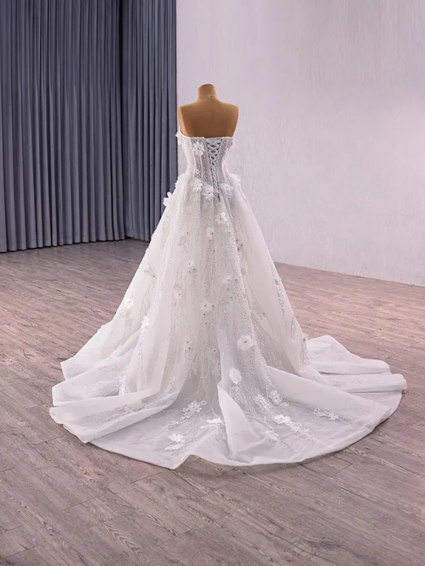 High End Weiß Handgefertigt Perlenstickerei Applikationen Pailletten Brautkleider / Hochzeitskleider 2025 A Linie Bandeau Ärmellos Rückenfreies Sweep / Pinsel Zug Hochzeit