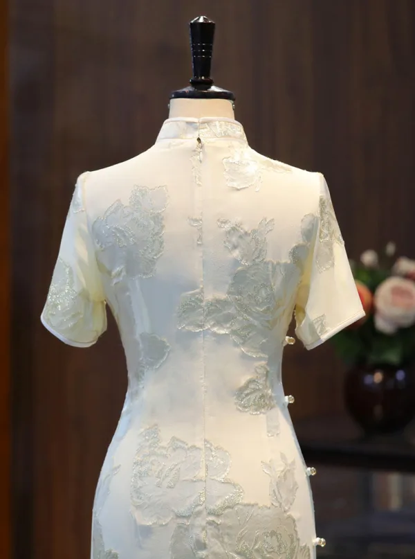 Chinese style Ivory Glitter Printing Evening Party Silk Tea-length Cheongsam / Qipao 2024 Trumpet / Mermaid High Neck Short Sleeve