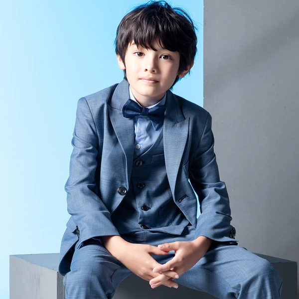 Fashion Navy Blue 5-piece Long Sleeve Boys Wedding Suits 2022 Coat Pants Shirt Tie Vest Wedding