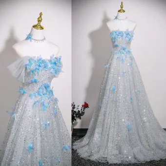 Charmant Argenté Papillon Faux Diamant Paillettes Robe De Bal 2025 Princesse De L Épaule Sans Manches Dos Nu Train De Balayage Robe De Ceremonie