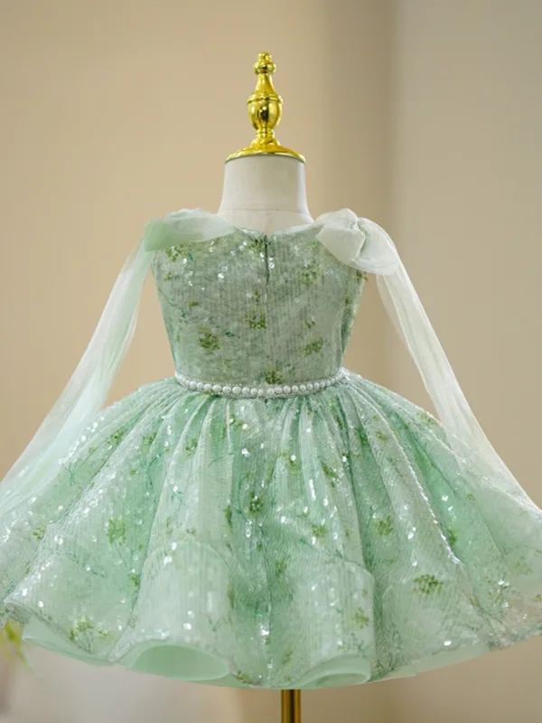 Chic / Beautiful Sage Green Beading Pearl Sequins Short Birthday Flower Girl Dresses 2024 Ball Gown Scoop Neck Bow Sleeveless Tulle