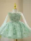 Chic / Beautiful Sage Green Beading Pearl Sequins Short Birthday Flower Girl Dresses 2024 Ball Gown Scoop Neck Bow Sleeveless Tulle