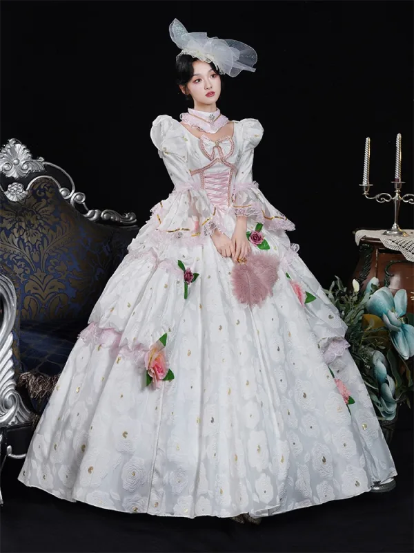 Medieval Vintage / Retro White Lace Flower Appliques Prom Dresses 2025 Ball Gown High Neck Bell sleeves Floor-Length / Long Prom Formal Dresses