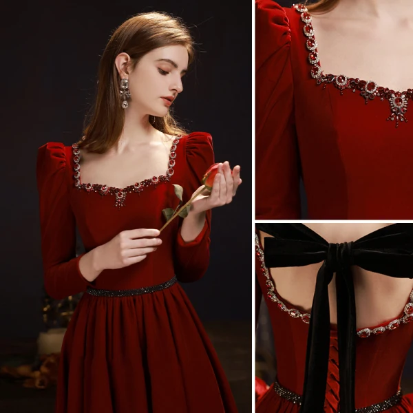 Elegant Burgundy Beading Rhinestone Prom Dresses 2023 A-Line / Princess Square Neckline 3/4 Sleeve Backless Bow Floor-Length / Long Prom Formal Dresses