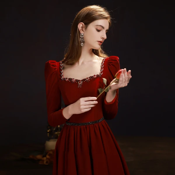 Elegant Burgundy Beading Rhinestone Prom Dresses 2023 A-Line / Princess Square Neckline 3/4 Sleeve Backless Bow Floor-Length / Long Prom Formal Dresses