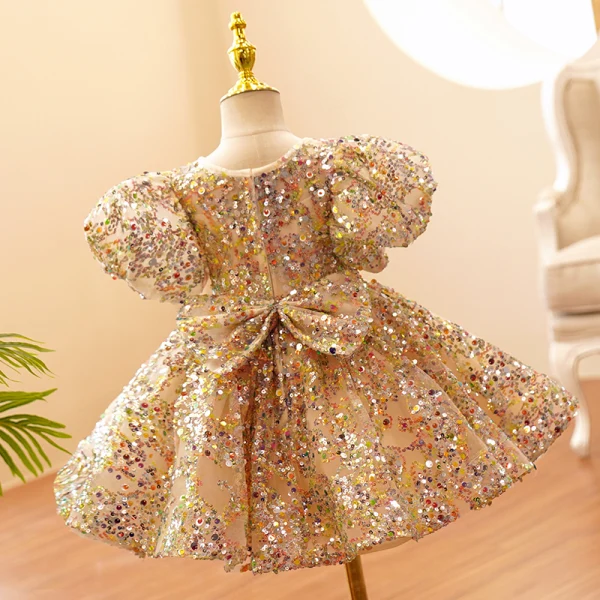 Scintillantes Doré Paillettes Anniversaire Courte Robe Ceremonie Fille 2022 Robe Boule Encolure Dégagée Gonflée Manches Courtes Noeud Robe Ceremonie Fille