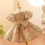 Scintillantes Doré Paillettes Anniversaire Courte Robe Ceremonie Fille 2022 Robe Boule Encolure Dégagée Gonflée Manches Courtes Noeud Robe Ceremonie Fille