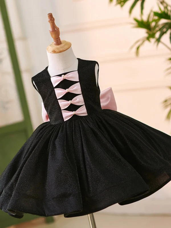 Audrey Hepburn Style Black Short Birthday Flower Girl Dresses 2024 Ball Gown Scoop Neck Bow Sleeveless