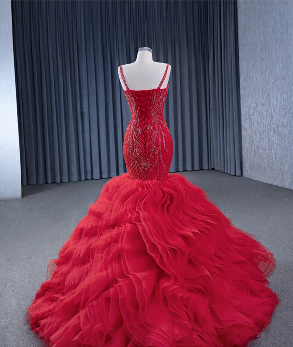 Haut de Gamme Rouge Fait main Perlage Paillettes Robe De Soirée 2024 Trompette / Sirène Bretelles Spaghetti Sans Manches Dos Nu Longue Soirée Robe De Ceremonie