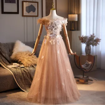 Chic Belle Champagne Appliques Paillettes Robe De Bal 2026 Princesse De L Épaule Manches Courtes Dos Nu Longue Promo Robe De Ceremonie