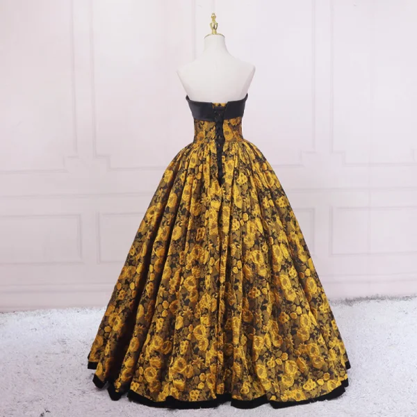 Vintage Retro Black Gold Printing Prom Dresses 2023 Ball Gown Satin Strapless Sleeveless