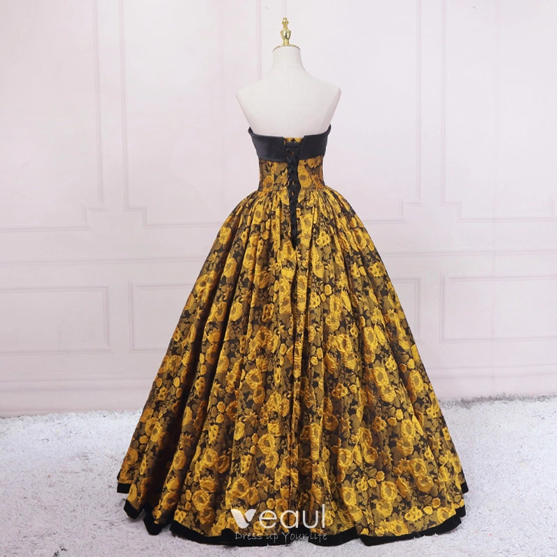 Vintage Retro Black Gold Printing Prom Dresses 2023 Ball Gown Satin Strapless Sleeveless Backless Floor Length Long Prom Formal Dresses