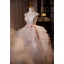 Chic / Belle Blanche Robe De Mariée De Bal 2024 Volants en Cascade Bustier Sans Manches Dos Nu Noeud Ceinture Train De Balayage Mariage Robe Boule