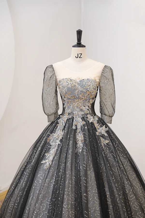 Sparkly Black Sequins Prom Dresses 2022 Ball Gown Scoop Neck 1/2 Sleeves Backless Floor-Length / Long Prom Formal Dresses