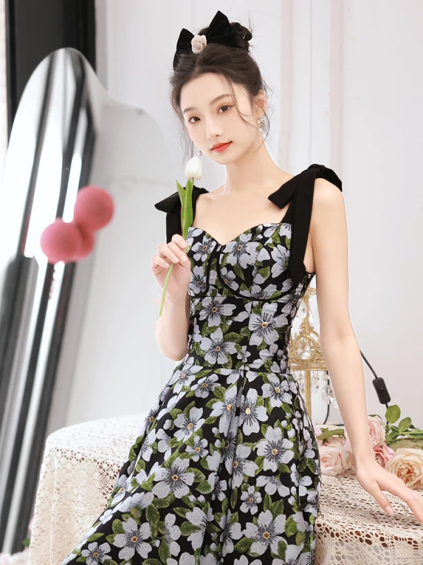 Chic / Beautiful Black Printing Homecoming Graduation Dresses 2023 A-Line / Princess Spaghetti Straps Bow Sleeveless Backless Floor-Length / Long Formal Dresses