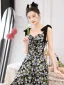 Chic / Beautiful Black Printing Homecoming Graduation Dresses 2023 A-Line / Princess Spaghetti Straps Bow Sleeveless Backless Floor-Length / Long Formal Dresses