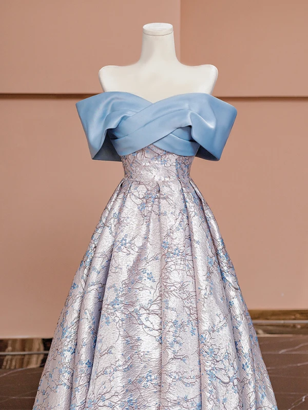 Fashion Sky Blue Printing Prom Dresses 2024 A-Line / Princess Off-The-Shoulder Short Sleeve Backless Floor-Length / Long Prom Formal Dresses