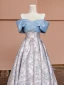 Fashion Sky Blue Printing Prom Dresses 2024 A-Line / Princess Off-The-Shoulder Short Sleeve Backless Floor-Length / Long Prom Formal Dresses