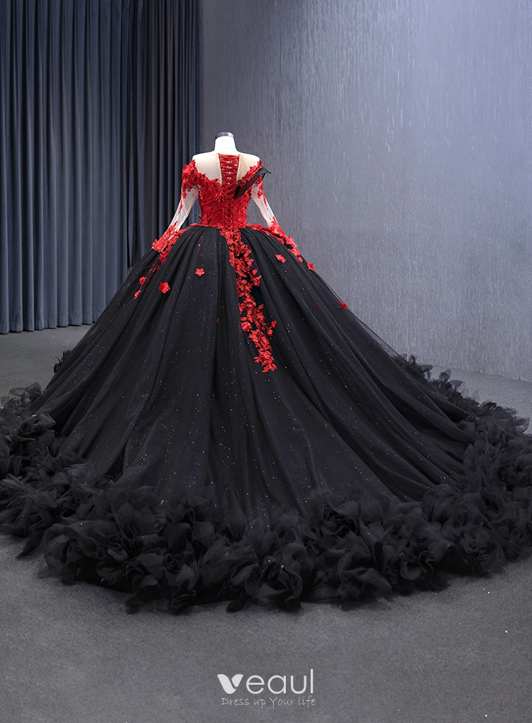 Gothic Lace Black Ballgown Wedding Dress With Beads Appliques And Sweep  Train Long Sleeves, Plus Size From Prettysell99, $181.91 | DHgate.Com