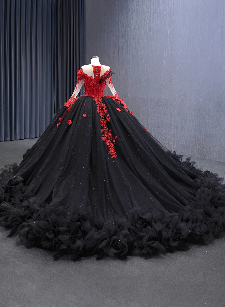 knee length dresses for ladies 80s Black Lace Gown with Train main image 1