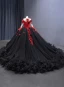 Haut de Gamme Noire En Dentelle Fleur Perlage Paillettes Appliques Tribunal Train Robe De Bal 2024 Robe Boule Encolure Dégagée Manches Longues Promo Robe De Ceremonie