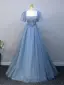 Elegant Beading Sky Blue Rhinestone Prom Dresses Ball Gown 2025 Backless Off-The-Shoulder Short Sleeve Floor-Length / Long Prom Formal Dresses