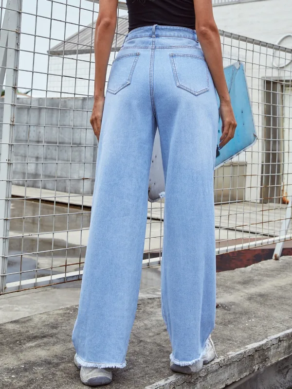 Ripped Women Sky Blue High Waist Denim Jeans 2021 Street Wear Wide Leg Cotton Bottoms Pants