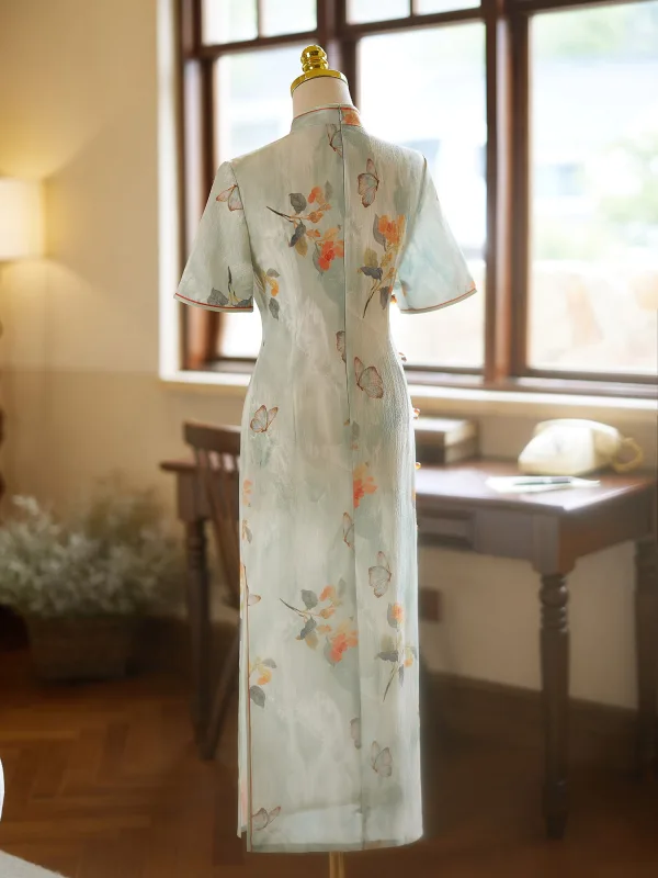 Chinese style Sage Green Butterfly Printing Split Front Cheongsam 2024 Trumpet / Mermaid High Neck Short Sleeve Prom Floor-Length / Long