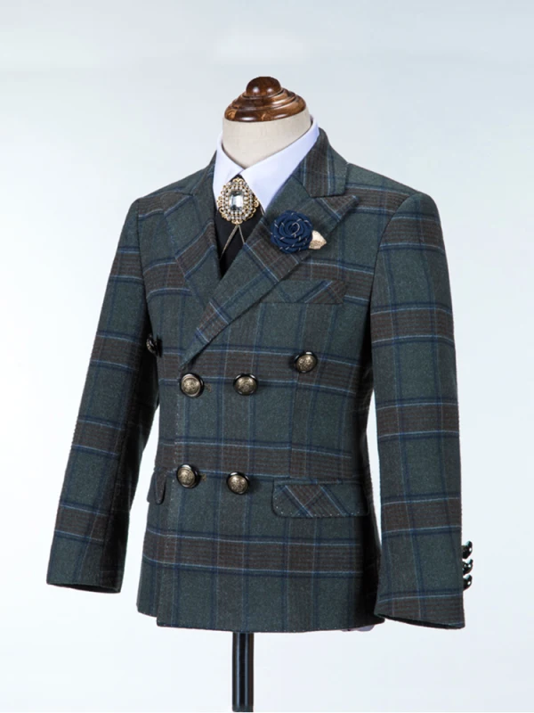 Ink Blue Plaid Long Sleeve Boys Wedding Suits 6-piece 2022 Body Jewellery Coat Pants Shirt Tie Vest