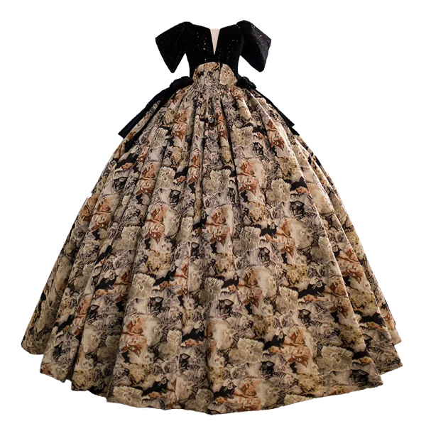 Vintage / Retro Black Printing Sequins Prom Dresses 2023 Ball Gown Strapless Short Sleeve Backless Bow Floor-Length / Long Prom Formal Dresses