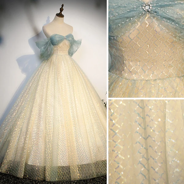 Fashion Gold Sequins Prom Dresses 2023 Ball Gown Off-The-Shoulder Short Sleeve Backless Floor-Length / Long Prom Formal Dresses