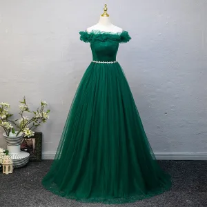 Vintage Retro Dark Green Rhinestone Prom Dresses 2025 A Line Princess Off The Shoulder Sleeveless Backless Floor Length Long Prom Formal Dresses