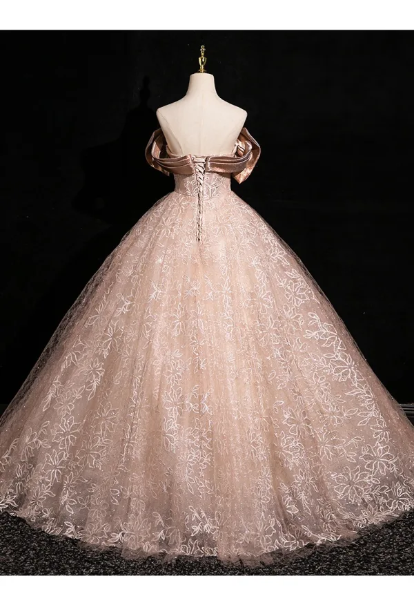 Charming Champagne Sequins Prom Dresses 2024 Ball Gown Off-The-Shoulder Short Sleeve Backless Floor-Length / Long Prom Formal Dresses