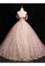 Charming Champagne Sequins Prom Dresses 2024 Ball Gown Off-The-Shoulder Short Sleeve Backless Floor-Length / Long Prom Formal Dresses