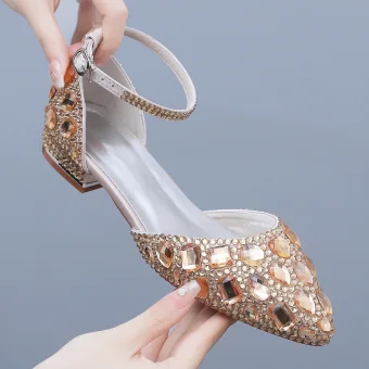 Bling Bling Champagne Rhinestone Flat Wedding Shoes 2024 Ankle Strap Pointed Toe Wedding Sandals